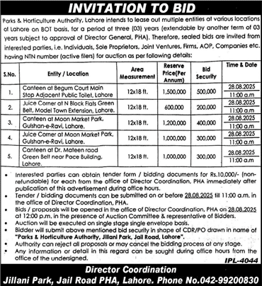 Parks & Horticulture Authority Lahore Tender Notice